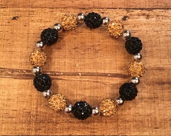 Black and Gold Bracelet - Elastic Shamballa Bracelet - Silver or Gold Spacers- Womens Ladies Bracelet