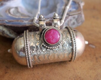 Traditional Yantra Container from India | Silver and Ruby Pendant