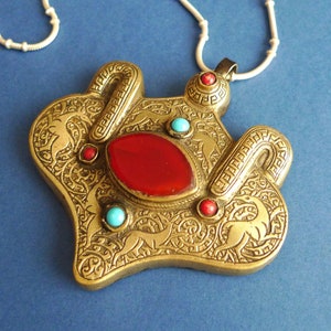 Astounding Tibetan Pendant | Silver Pendant with Carnelian, Coral and Turquoise