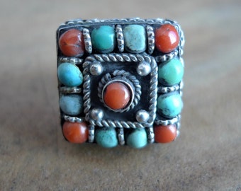 Coral and Turquoise Ring from Nepal | Ethnic Silver Ring with Natural Stones