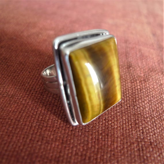 Square Tiger Eye Ring | Big Silver Ring from India