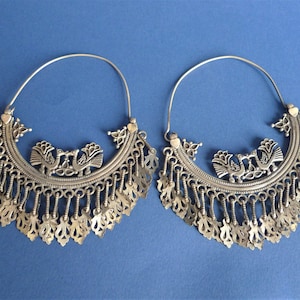Lambani Silver Hoop-earrings  from India | Tribal Rajastani Silver Jewelry | Peacock Earrings
