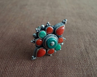 Adjustable 925 Silver India Ring: Coral & Turquoise Inlay