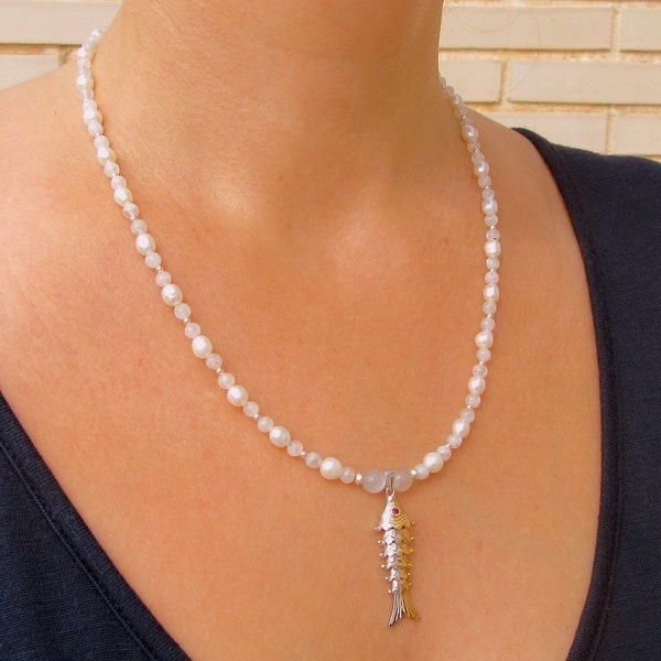 Handmade Necklace | Moonstone and Pearl Beads with Silver Fish Charm