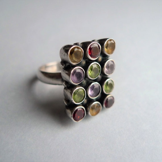 Multistone Ring from India | Garnet Peridot Topaz… - image 1