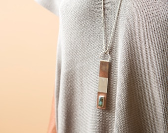Labradorite necklace, long pendant, long chain, mixed metals necklace, sterling silver and copper mix, lighthouse, rectangle labradorite gem