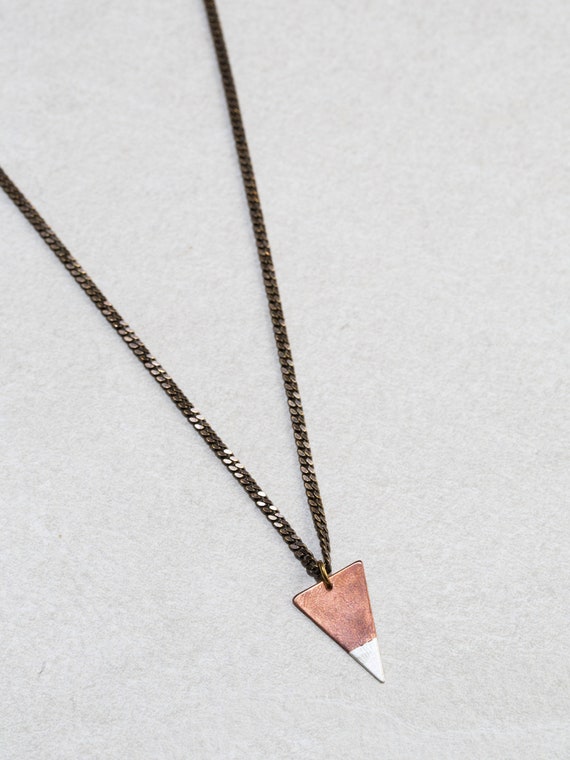 Short Silver Necklace Triangle Pendant And Copper - Small Silver Triangle Pendant Short Silver Necklace Triangle Pendant And Copper - Small Silver Triangle Pendant