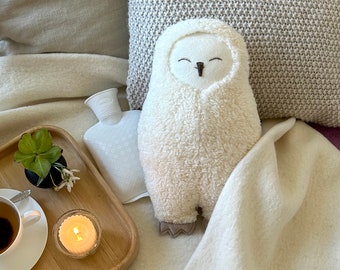 Owl hot water bottle cover – handmade stuffed animal hot water bottle 0.8 l, gift idea for children and adults, made of cotton plush