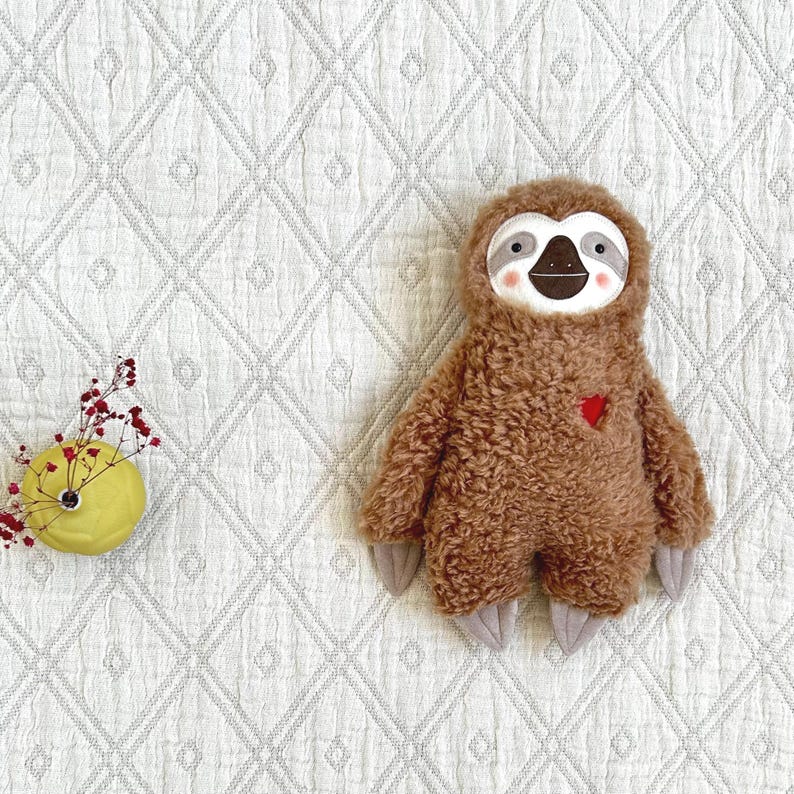 Small cuddly toy sloth with heart – handmade plush toy in brown, grey and white, loving gift for children & adults, embroidered image 1