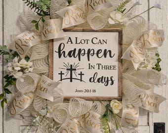 Easter He Is Risen Wreath, Religious Spring Door Decor, Neutral Farmhouse Easter Decor