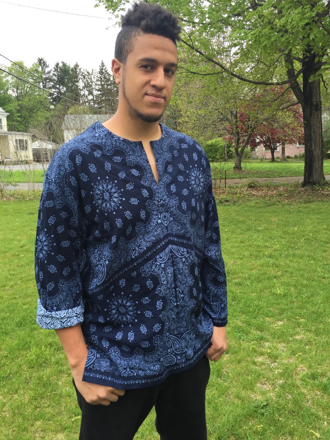 Mens Dashiki - Navy and Denim Blue Bandana