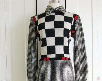 RUDI GERNREICH Dress /Vintage  60's Black White and Red Wool Knit  Op Art Maxi Dress// Size Medium - Large