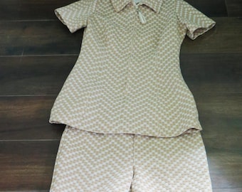 Traje de pantalón de los años 70 // Chaqueta y pantalón de punto a cuadros beige y blanco de manga corta estilo vintage // Sir Julian // Traje de ocio // Mediano