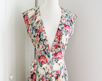 80's Cabbage Roses Dress // Vintage CAROL ANDERSON  Midi Dress // Plunging V Sleeveless Jumper // Waist 30"