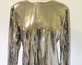 Givenchy Top aus den 1980er Jahren // Vintage-Seidenhemd mit Metallic-Gold-Pailletten (M-L)