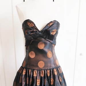 1980&#39;s Strapless Black and Copper Polka Dot  Bustier Dress// Vintage 80&#39;s Fit and Flare Cocktail Dress // Waist 28&quot;// by Carol Kaplan