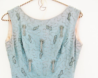 1950&#39;s Special Occasion  Dress // Vintage Ice Blue Beaded Sleeveless Maxi Dress // Waist 26&quot;