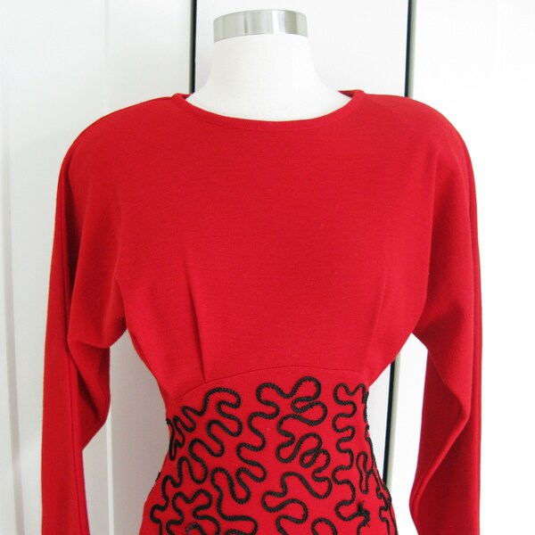 Vintage  1980's  New Wave Dress // ANDREA JOVINE Red  Wool Fit & Flare Dress with Black Soutache // Sz Small