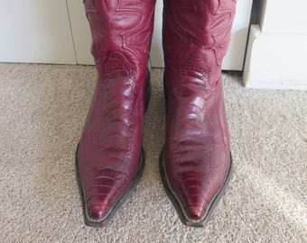 Vintage Genuine Ostrich  Cowboy Boots  Burgundy   Embroidered Leather  Pull on Boots -  Woman's Size 9  M //  Made in Mexico // by Wild West