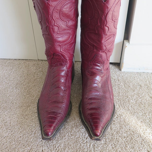 Vintage Genuine Ostrich  Cowboy Boots  Burgundy   Embroidered Leather  Pull on Boots -  Woman's Size 9  M //  Made in Mexico // by Wild West