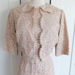 1950&#39;s Lace Wiggle Dress and Jacket // Vintage  50&#39;s Beige  Illusion  Sleeveless Dress Suit  // Waist 28&quot;