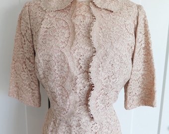 1950&#39;s Lace Wiggle Dress and Jacket // Vintage  50&#39;s Beige  Illusion  Sleeveless Dress Suit  // Waist 28&quot;