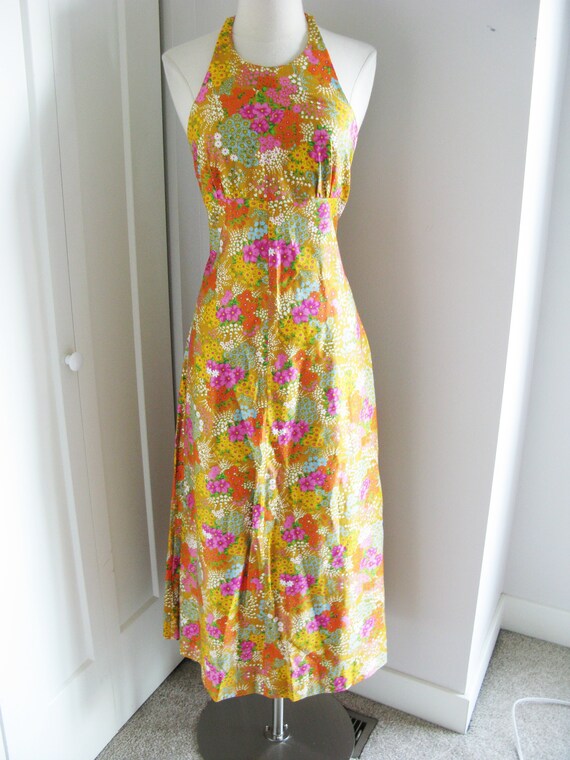1970's Halter Dress // Bright Flower  Maxi Dress /