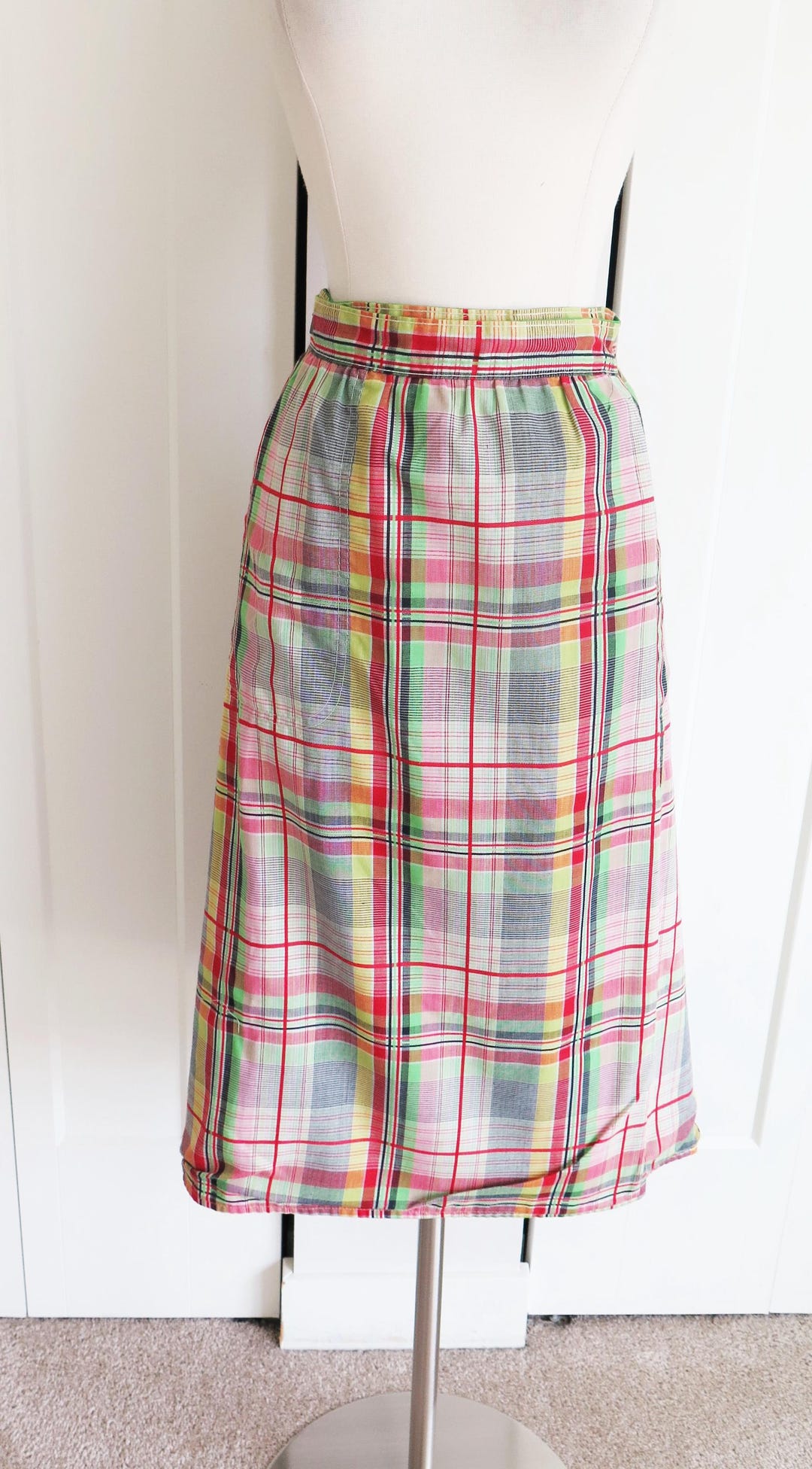 Reversible Popper Wrap Knee Length Skirt - Red Patch Strips / 70s Telephone