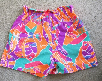 80's JAG Shorts  // Neon Fish Pattern Elastic Waist Pull On Shorts // Waist 28"