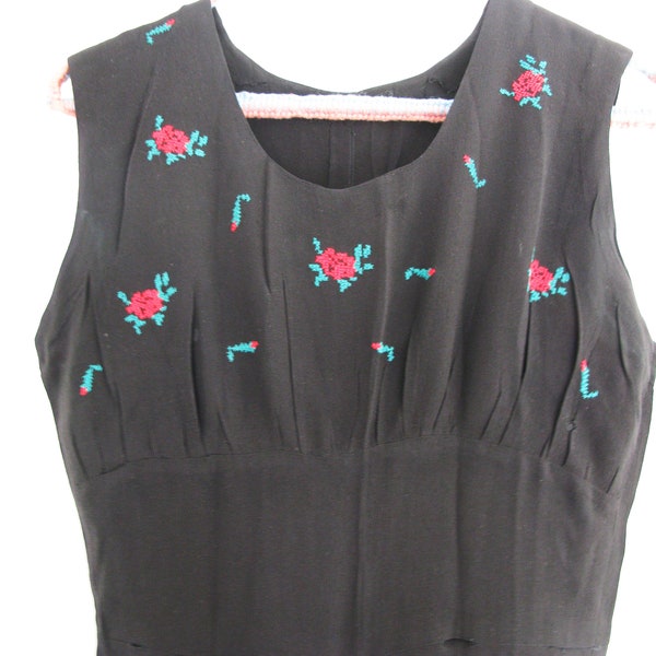 1930's/1940's Black Slip Dress // Sleeveless Bias Cut Floral Embroidered Rayon  Dress // Waist 28"