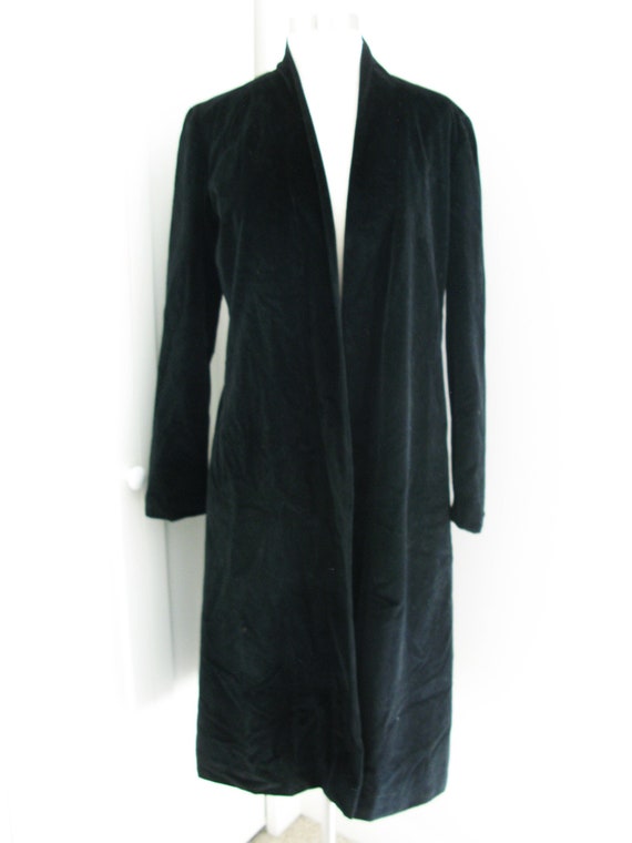 Vintage 80's Black Velvet Coat  // Open Front Lon… - image 1