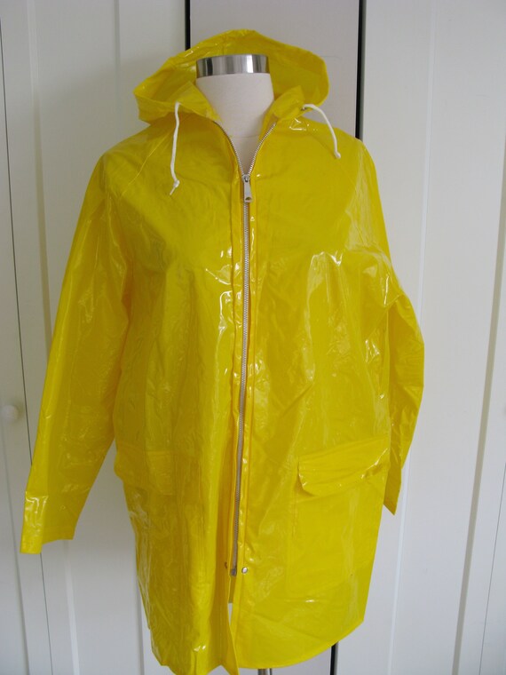 Yellow Slicker Vinyl Rain Jacket //1980's Vintage Hooded Etsy