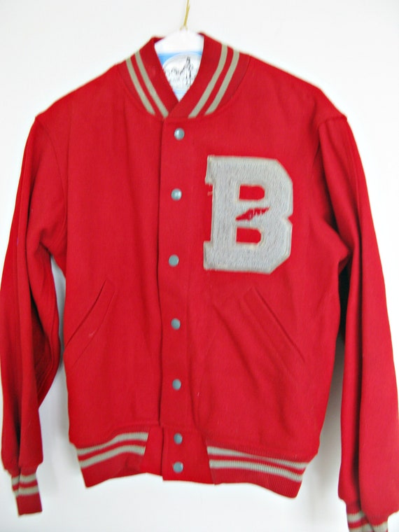 Vintage Wool Varsity Jacket // Red and Grey "B" Le