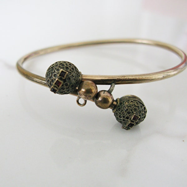 Etruscan Revival Bypass Bracelet  // Rolled Gold with Garnets  // Antique Jewelry