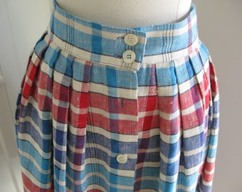 1980's CHAUS   Skirt // Vintage 80's Plaid Linen Blend Button Front  Dirndl // Waist 29"