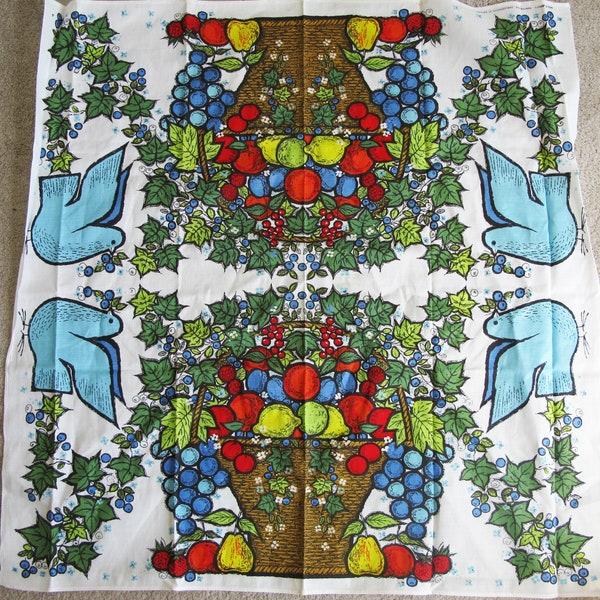 Ingrid  Jensen Sweden Mid Century Small  Table Cloth  - Linen  Square Kitchen Decor = Doves and Fruit Pattern