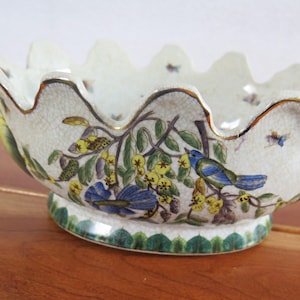 Vintage Monteith Ceramic Oval Decorative  Bowl With Hand Painted Birds and Flowers