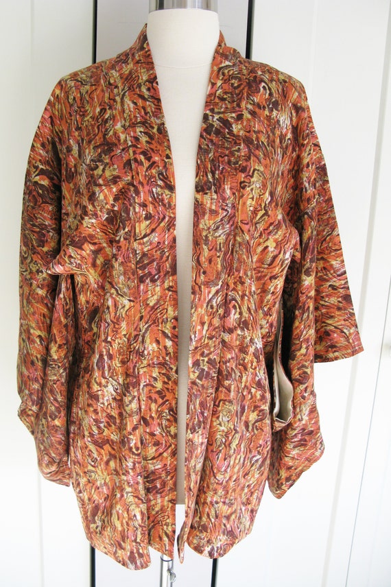 Vintage Kimono Jacket -Salmon Pink /Brown Abstract