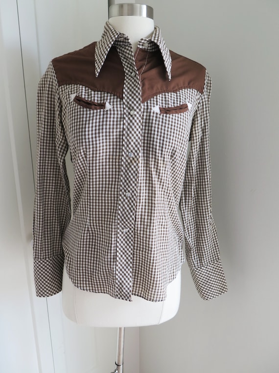 WESTERN Vintage  Shirt // Brown and   White  Chec… - image 1
