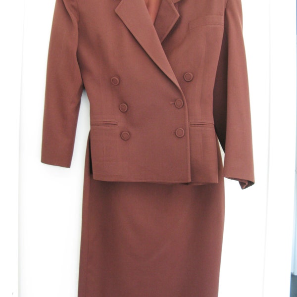 NORMA KAMALI 80'S  Skirt Suit // Rusty Brown Double Breasted  Blazer and Pencil Skirt //All Wool// Waist 25"