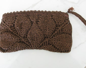 1940'S Lurex  Crochet Clutch - Wristlet // Coppery Brown Top Zip Evening Bag