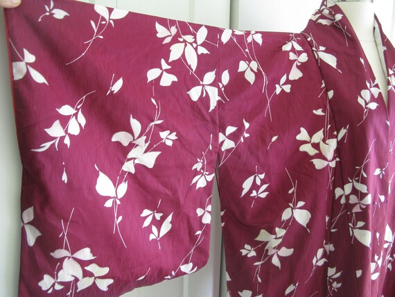 Vintage Kimono Robe // Long Burgundy Floral Rayon