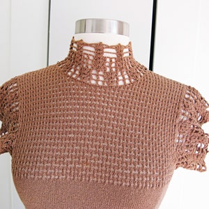 1970's Knit Crochet Dress // Vintage 70's High Neck Open Weave Carmel Color A Line Dress - Size XS/S // Joseph