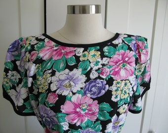 LANZ 1980's Dress// Vintage Floral Print  Short Sleeve Dress  // Waist 28"