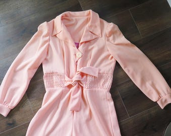 FREDERICK'S OF HOLLYWOOD 1970's Jumpsuit // Vintage Disco Era  Peach Sherbet  Palazzo Pant (M-L)