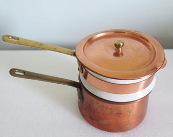 Vintage Copper and Porcelain Double Boiler Pot