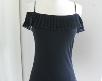 AGNES B Black Tank  Top// Vintage 90's Convertible Stretch  Ruffle Neck Shell // Size Small
