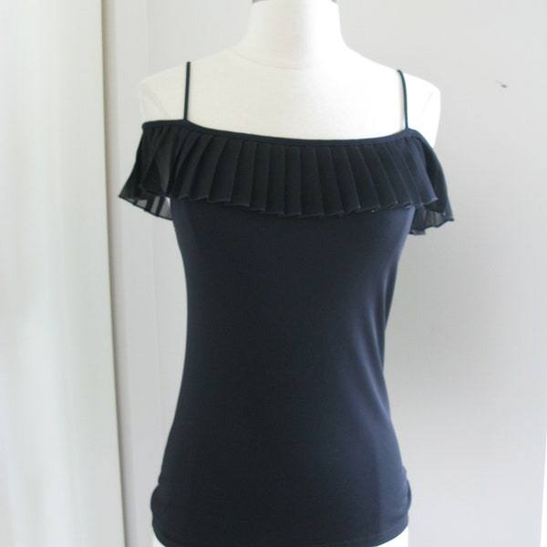 AGNES B Black Tank  Top// Vintage 90's Convertible Stretch  Ruffle Neck Shell // Size Small