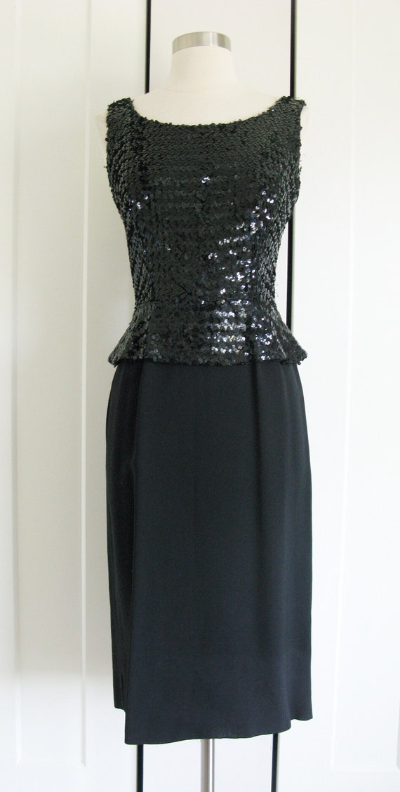 1960's Black  Dress //  Black Sequin PeplumTop  wi