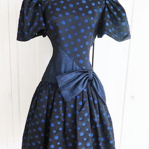 MORTON MYLES Dress // 1980&#39;s Vintage Black and Blue Polka Dot Taffeta Special Occasion Dress// Waist 29&quot;
